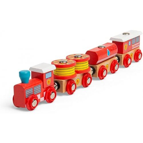  Bigjigs Rail Fire and Rescue Train - Fire Train Toy, Bigjigs Train Accessories Compatible with Most Wooden Train Sets, Quality Wooden Train Accessories