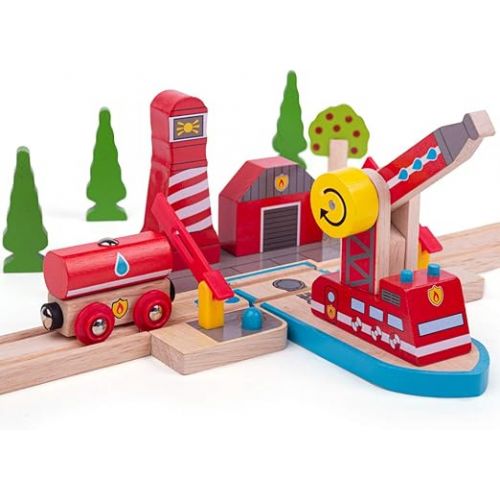  Bigjigs Rail, Fire and Sea Rescue, Wooden Toys, Bigjigs Train Accessories, Rescue Vehicles Toys, Train Toys, Wooden Crane for Train Set, Wooden Toys for 3 4 5 Year Olds