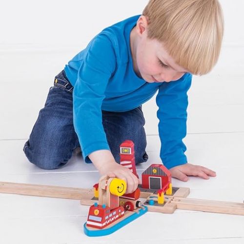  Bigjigs Rail, Fire and Sea Rescue, Wooden Toys, Bigjigs Train Accessories, Rescue Vehicles Toys, Train Toys, Wooden Crane for Train Set, Wooden Toys for 3 4 5 Year Olds