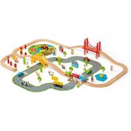 Bigjigs Rail 80pc Rural Road and Rail Wooden Train Set - Kids Train Set with 80 Bigjigs Train Accessories incl. Bridges & a Level Crossing for Pretend Play