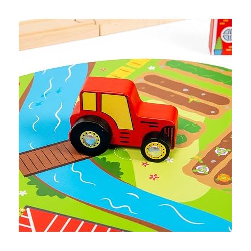  Bigjigs Rail 80pc Rural Road and Rail Wooden Train Set - Kids Train Set with 80 Bigjigs Train Accessories incl. Bridges & a Level Crossing for Pretend Play