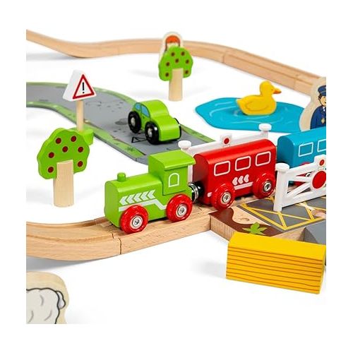  Bigjigs Rail 80pc Rural Road and Rail Wooden Train Set - Kids Train Set with 80 Bigjigs Train Accessories incl. Bridges & a Level Crossing for Pretend Play