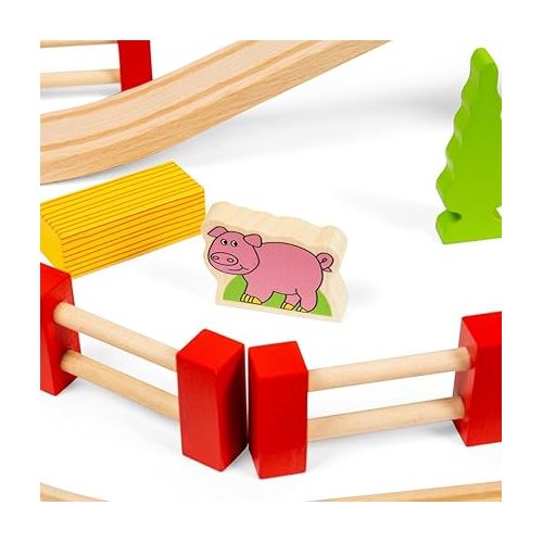  Bigjigs Rail 80pc Rural Road and Rail Wooden Train Set - Kids Train Set with 80 Bigjigs Train Accessories incl. Bridges & a Level Crossing for Pretend Play