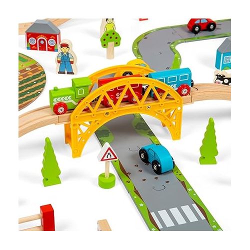  Bigjigs Rail 80pc Rural Road and Rail Wooden Train Set - Kids Train Set with 80 Bigjigs Train Accessories incl. Bridges & a Level Crossing for Pretend Play