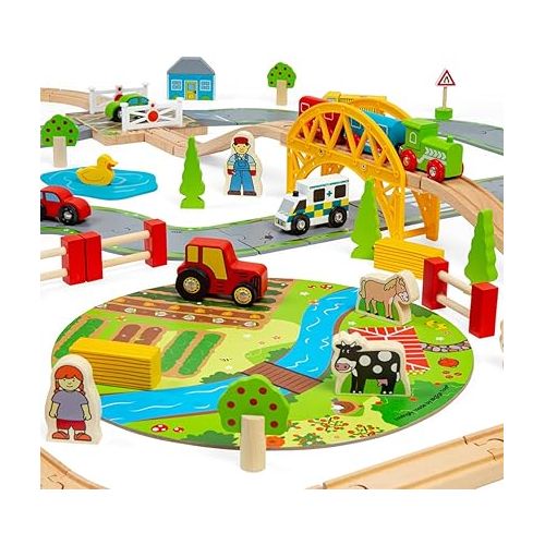  Bigjigs Rail 80pc Rural Road and Rail Wooden Train Set - Kids Train Set with 80 Bigjigs Train Accessories incl. Bridges & a Level Crossing for Pretend Play