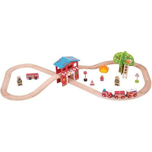  Bigjigs Rail Wooden Fire Station Train Set - 39 Play Pieces