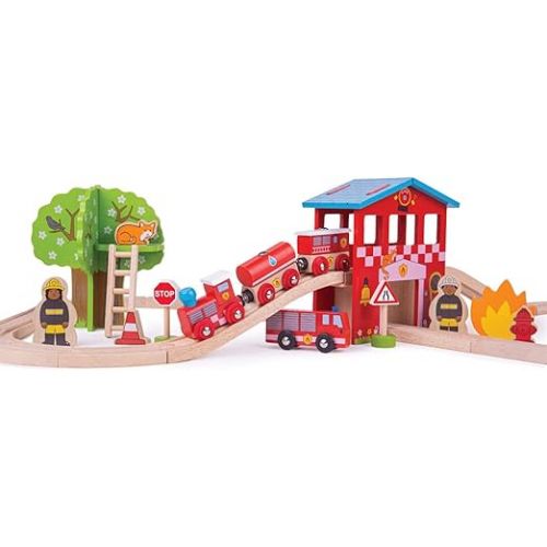  Bigjigs Rail Wooden Fire Station Train Set - 39 Play Pieces