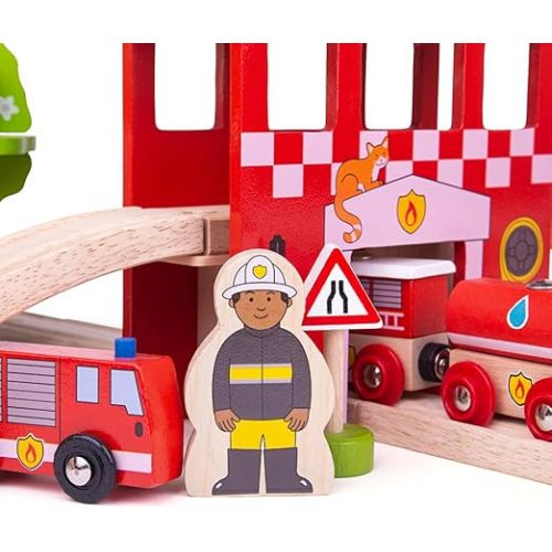  Bigjigs Rail Wooden Fire Station Train Set - 39 Play Pieces