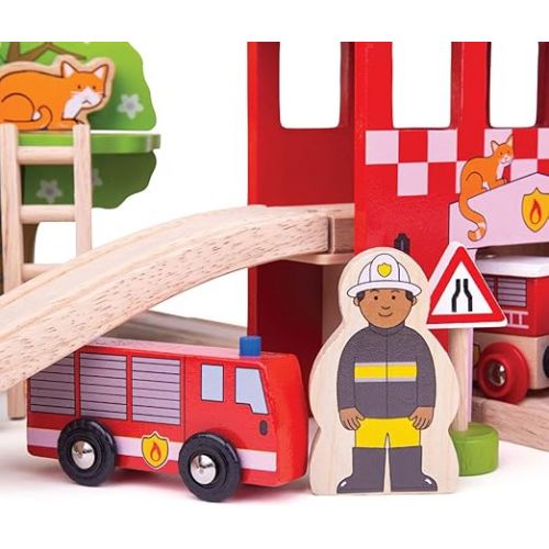  Bigjigs Rail Wooden Fire Station Train Set - 39 Play Pieces