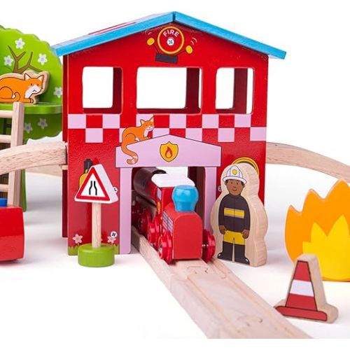  Bigjigs Rail Wooden Fire Station Train Set - 39 Play Pieces