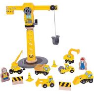 Bigjigs Rail Big Yellow Wooden Crane Construction Play Set with Vehicles & Accessories