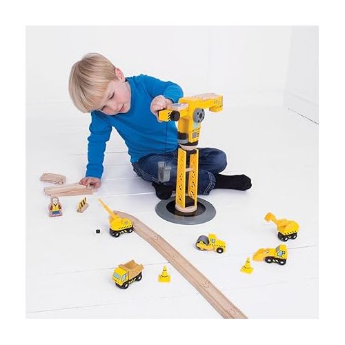  Bigjigs Rail Big Yellow Wooden Crane Construction Play Set with Vehicles & Accessories