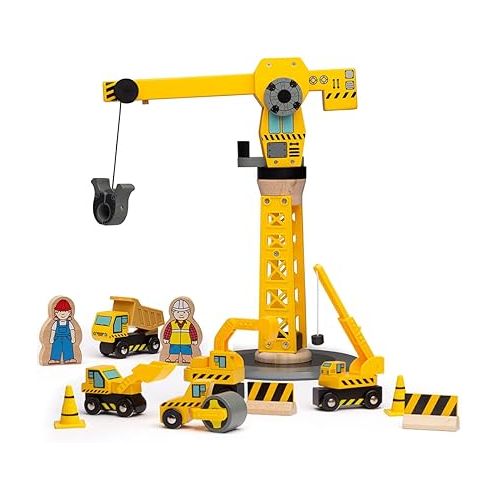  Bigjigs Rail Big Yellow Wooden Crane Construction Play Set with Vehicles & Accessories