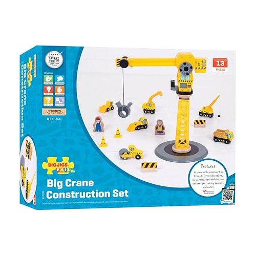  Bigjigs Rail Big Yellow Wooden Crane Construction Play Set with Vehicles & Accessories