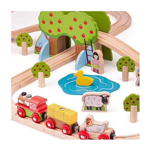  Bigjigs Rail, Farm Animals Wooden Train Set, Wooden Toys, 44pc Train Set, Wooden Train Track, Farm Toys, Wooden Toys for 3 Year Olds, Farm Set