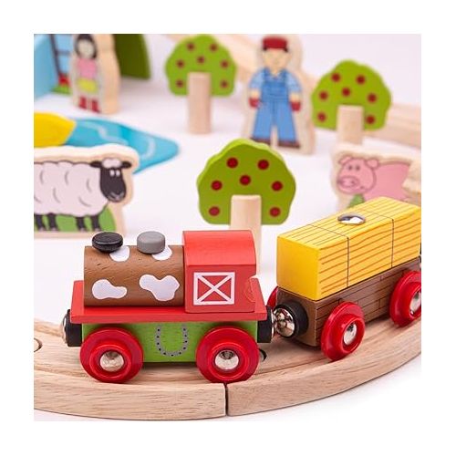  Bigjigs Rail, Farm Animals Wooden Train Set, Wooden Toys, 44pc Train Set, Wooden Train Track, Farm Toys, Wooden Toys for 3 Year Olds, Farm Set