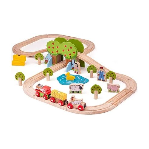  Bigjigs Rail, Farm Animals Wooden Train Set, Wooden Toys, 44pc Train Set, Wooden Train Track, Farm Toys, Wooden Toys for 3 Year Olds, Farm Set