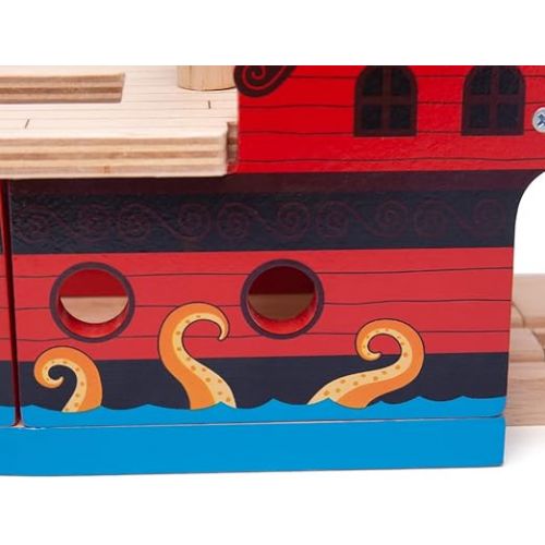  Bigjigs Rail Wooden Pirate Ship Galleon - Pirate Accessories for Wooden Train Sets, Bigjigs Train Accessories, Pirate Ship Toys for Kids, Wooden Toys for 3 4 5 Year Olds