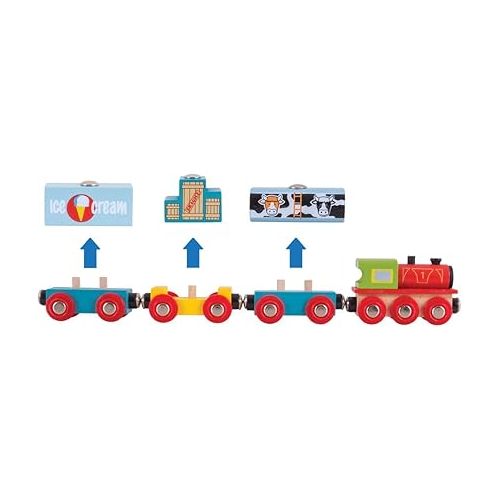  Bigjigs Rail Wooden Goods Train Toy - Train with 3 Carriages & Removable Freight, Comes with 2 Wooden Train Track Pieces & a Buffer, Compatible with Most Wooden Train Sets