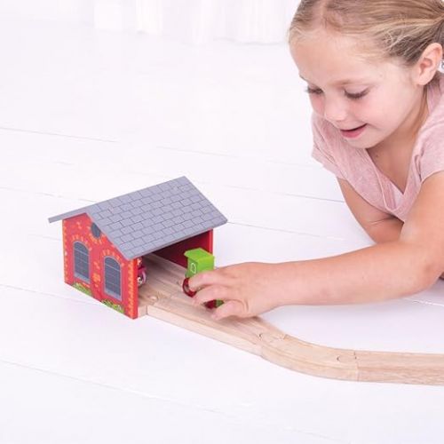  Bigjigs Rail, Double Engine Shed, Wooden Toys, Bigjigs Train Accessories, Wooden Train Shed, Train Toys, Wooden Shed, Wooden Toys for 3 4 5 Year Olds