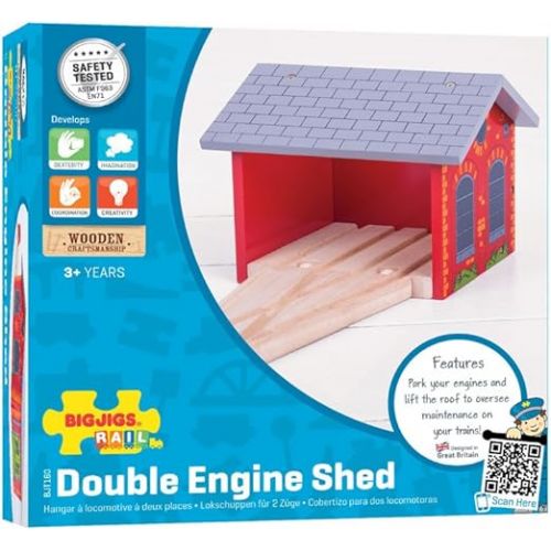  Bigjigs Rail, Double Engine Shed, Wooden Toys, Bigjigs Train Accessories, Wooden Train Shed, Train Toys, Wooden Shed, Wooden Toys for 3 4 5 Year Olds