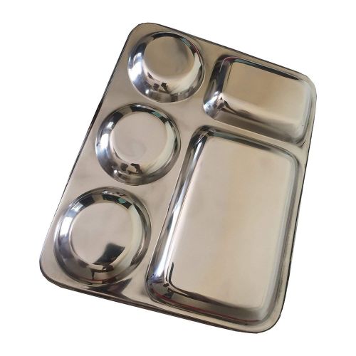  Bignay Stainless Steel Rectangular 5-Compartment Divided Plates/Cafeteria Food Trays Pack of 2