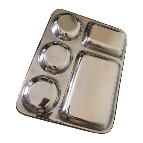  Bignay Stainless Steel Rectangular 5-Compartment Divided Plates/Cafeteria Food Trays Pack of 4