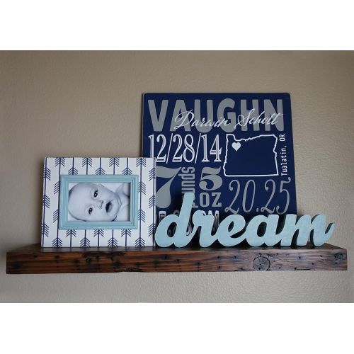  Bijou & Kenzie Co. Baby Birth Stats Gallery Collection with Reclaimed Wood Shelf- 3 Piece Artwork Set (Baby Stats Sign, Choice of Wood Word, 4x6 frame)