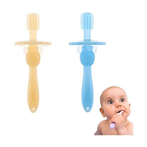  [아마존베스트]Bilibaby 2Pcs/Pack Baby Infant Training Toothbrush Teether,Soft Bristles,360 Silicone Teething Toys/Pacifier,Gum Massager,Gift Set for Newborn,Toddler,BPA Free