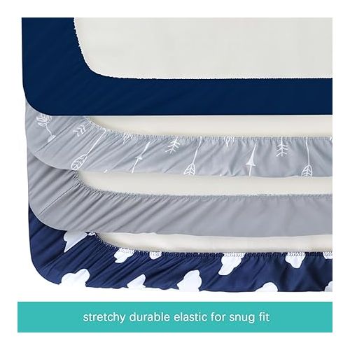  4-Pack Fitted Pack and Play Sheets for Boys and Girls - Breathable, Soft Microfiber Baby Sheets in Grey and Navy