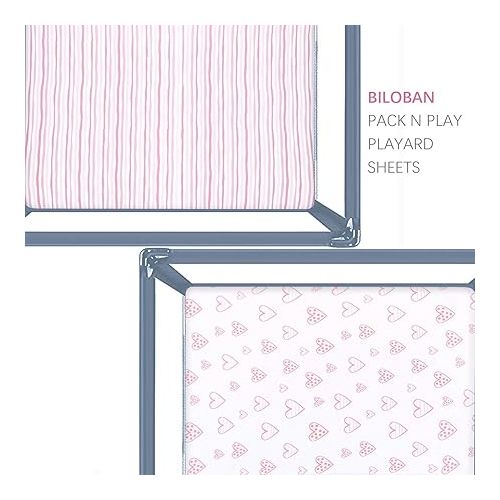  Square Playard/Playpen Fitted Sheets, Perfect for 36 X 36 Portable Playard, 2 Pack, 100% Jersey Knit Cotton Fitted Sheets, Mild Pink Stripes and Hearts Print for Baby Girls