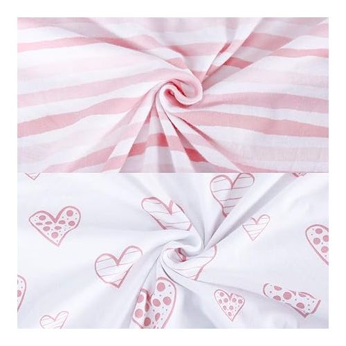  Square Playard/Playpen Fitted Sheets, Perfect for 36 X 36 Portable Playard, 2 Pack, 100% Jersey Knit Cotton Fitted Sheets, Mild Pink Stripes and Hearts Print for Baby Girls