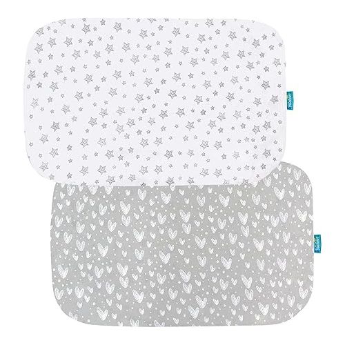  Cotton Sheets for 4moms Breeze Plus Portable Playard and Bassinet, Breathable and Heavenly Soft, Grey Hearts and White Stars Print for Baby