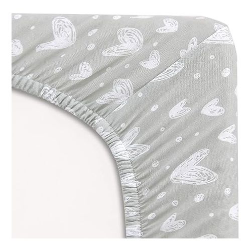  Cotton Sheets for 4moms Breeze Plus Portable Playard and Bassinet, Breathable and Heavenly Soft, Grey Hearts and White Stars Print for Baby