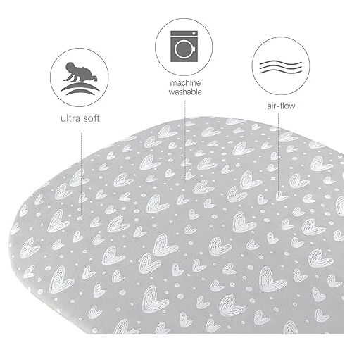  Cotton Sheets for 4moms Breeze Plus Portable Playard and Bassinet, Breathable and Heavenly Soft, Grey Hearts and White Stars Print for Baby