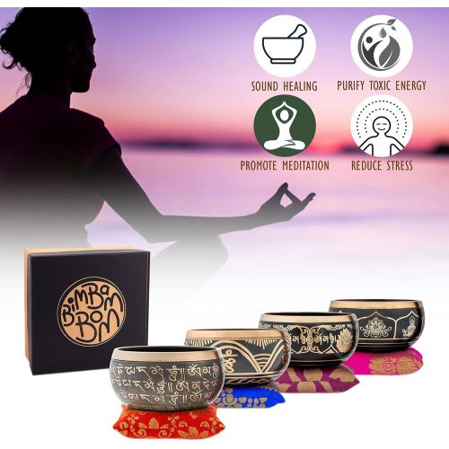  Bim-Bam-Bom Tibetan Singing Bowl  Hand Crafted Chakra Singing Bowl Set with Mallet & Cushion  Brass 4” Sound Therapy Bowl for Meditation, Yoga & Gift  Mantra Antique Prayer Bowl with Deep S명상종 싱잉볼