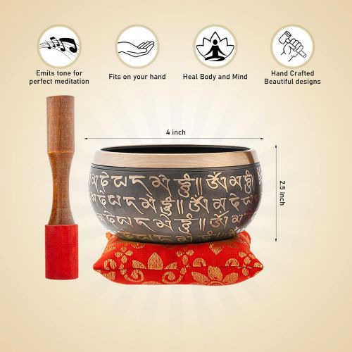  Bim-Bam-Bom Tibetan Singing Bowl  Hand Crafted Chakra Singing Bowl Set with Mallet & Cushion  Brass 4” Sound Therapy Bowl for Meditation, Yoga & Gift  Mantra Antique Prayer Bowl with Deep S명상종 싱잉볼