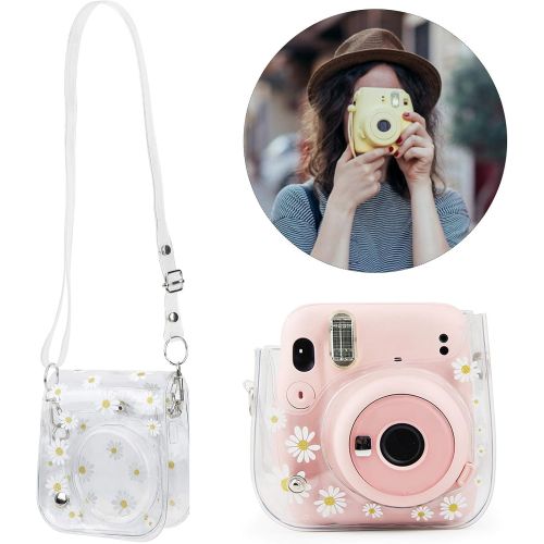  Bindpo Instant Camera Case, PVC Camera Protective Cover Daisy Transparent Sling Shell Bag with Shoulder Strap for Fujifilm Instax Mini 11/9/8 Camera