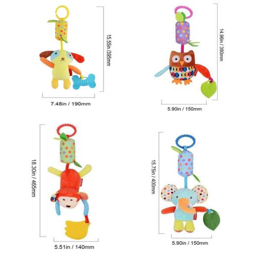  Binen Hanging Baby Toy Soft Hanging Rattle Crinkle Squeaky Sensory Learning Toy Animal Ring Plush Stroller Toy Infant Newborn Car Seat Bed Crib Travel Activity Hanging Wind Chime with Te