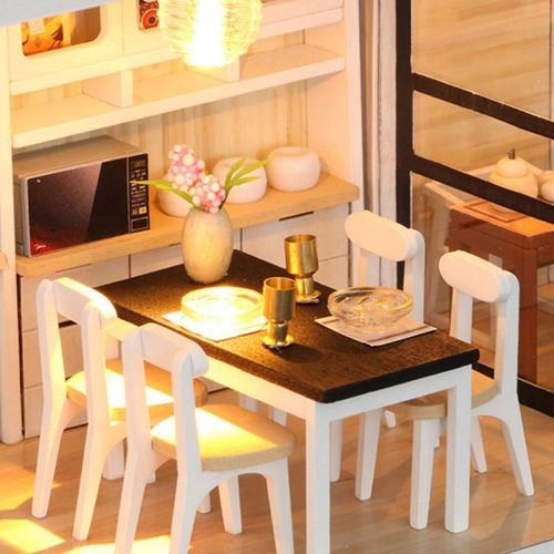  Binory White Far Peak Style Duplex Apartment 3D Wooden DIY Miniature Dollhouse with LED Lights and Furnitures,Hand-assembled Villa Model,Creative Valentine Birthday Gift for Women