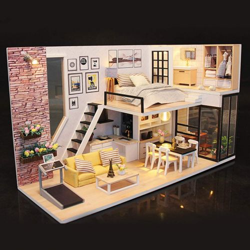  Binory White Far Peak Style Duplex Apartment 3D Wooden DIY Miniature Dollhouse with LED Lights and Furnitures,Hand-assembled Villa Model,Creative Valentine Birthday Gift for Women