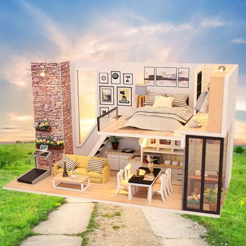  Binory White Far Peak Style Duplex Apartment 3D Wooden DIY Miniature Dollhouse with LED Lights and Furnitures,Hand-assembled Villa Model,Creative Valentine Birthday Gift for Women