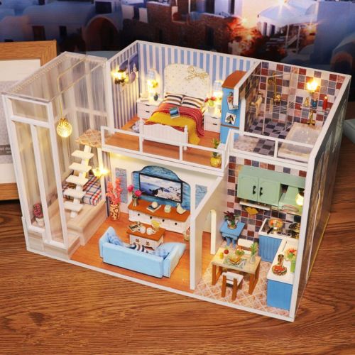  Binory Cozy Coastal Style Duplex Apartment 3D Wooden DIY Miniature Dollhouse with LED Lights and Furnitures,Hand-assembled Villa Model,Creative Valentine Birthday Gift for Women Gi