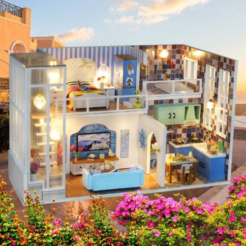  Binory Cozy Coastal Style Duplex Apartment 3D Wooden DIY Miniature Dollhouse with LED Lights and Furnitures,Hand-assembled Villa Model,Creative Valentine Birthday Gift for Women Gi