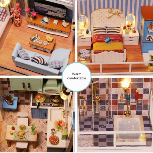  Binory Cozy Coastal Style Duplex Apartment 3D Wooden DIY Miniature Dollhouse with LED Lights and Furnitures,Hand-assembled Villa Model,Creative Valentine Birthday Gift for Women Gi