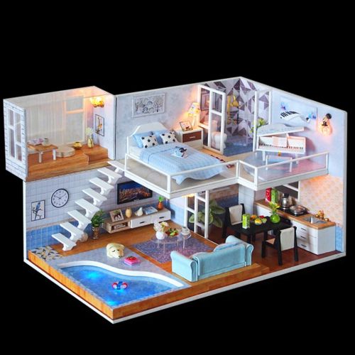  Binory 3D Wooden DIY Miniature Met You Art Duplex Apartment with Furniture LED House,Hand-assembled Villa Model Creative Gifts,DIY Miniature Dollhouse Kit,Creative Valentines Day G