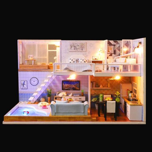  Binory 3D Wooden DIY Miniature Met You Art Duplex Apartment with Furniture LED House,Hand-assembled Villa Model Creative Gifts,DIY Miniature Dollhouse Kit,Creative Valentines Day G