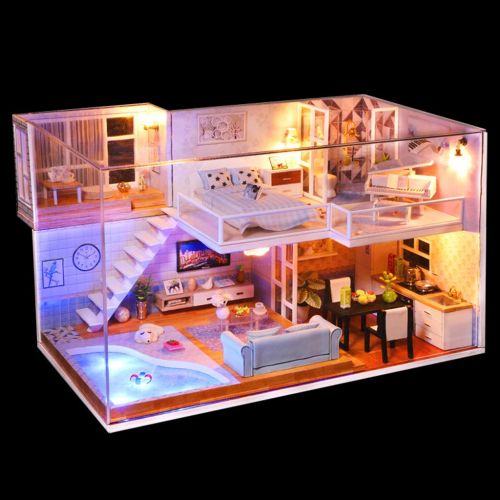  Binory 3D Wooden DIY Miniature Met You Art Duplex Apartment with Furniture LED House,Hand-assembled Villa Model Creative Gifts,DIY Miniature Dollhouse Kit,Creative Valentines Day G