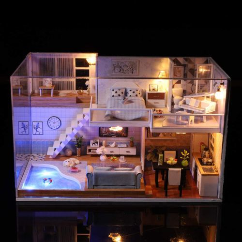  Binory 3D Wooden DIY Miniature Met You Art Duplex Apartment with Furniture LED House,Hand-assembled Villa Model Creative Gifts,DIY Miniature Dollhouse Kit,Creative Valentines Day G