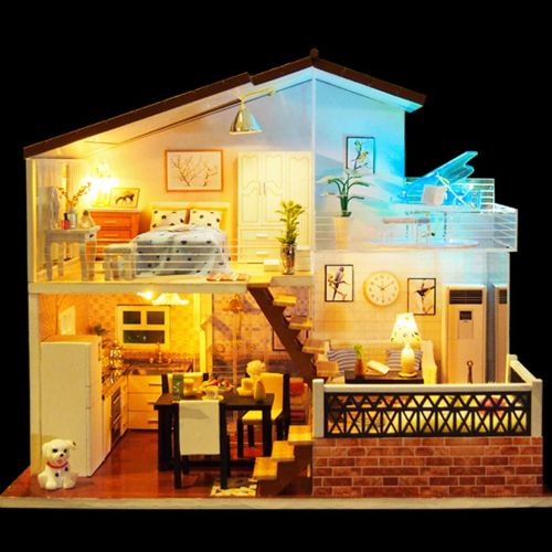  Binory 3D Wooden DIY Miniature Cozy Couple Duplex Apartment with Furniture LED House,Hand-assembled Villa Model Creative Gifts,DIY Miniature Dollhouse Kit,Creative Valentines Day G